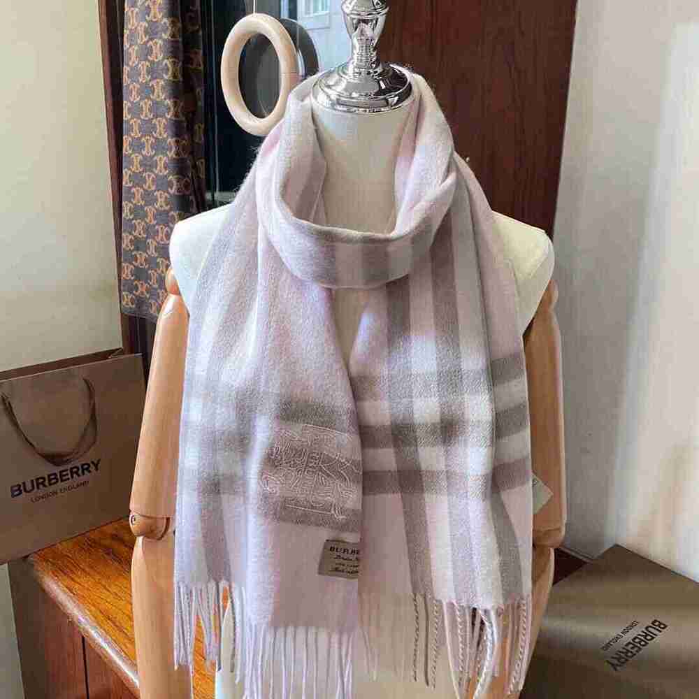 Burberry Light Pink Check Embroidered Logo Cashmere Scarf